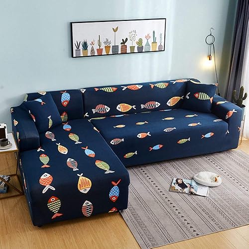 Funda de sofá seccional de 3 piezas, con forma de L, funda de sofá combinada, color de dibujos animados, con estampado de peces, para sofá de