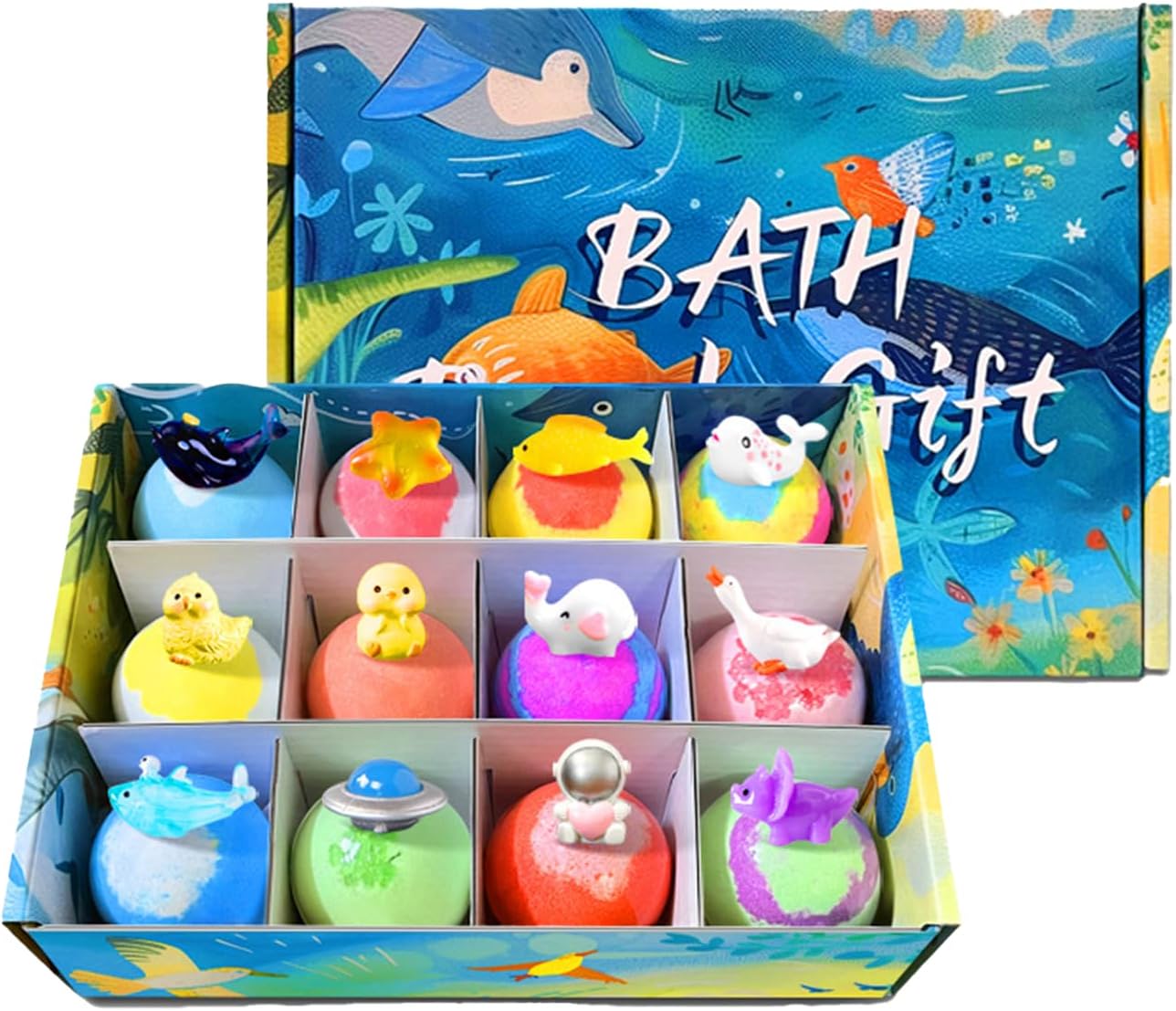 12 Pack Kids Bath Bombs with Surprise Toys Inside - Natural Organic Mega Bubble Fizzies, Skin-Friendly Bathing Gift Set for Boys Girls, Easter Basket Stuffers (Animals of Land, sea and air)