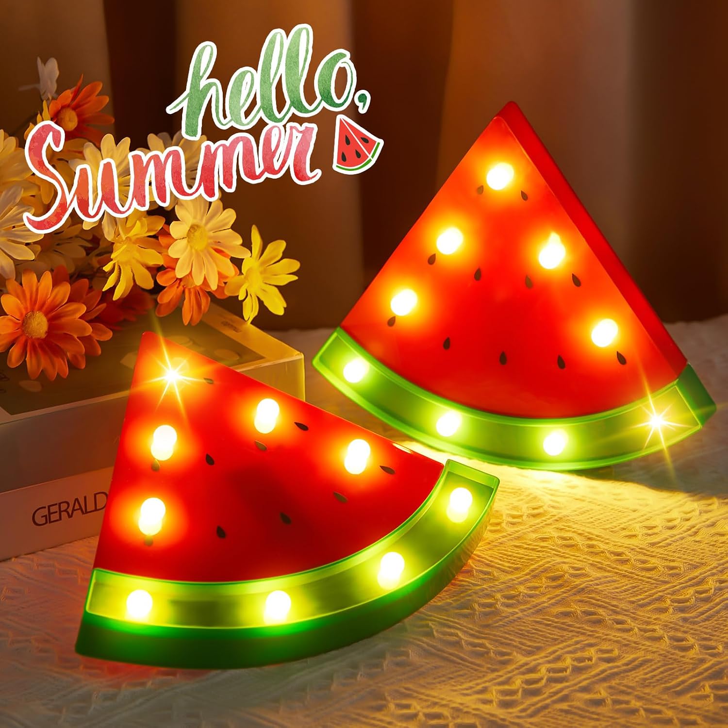 Frienda 2 Pcs Watermelon Marquee Light Decoration LED Watermelon Night Lights Battery Operated Party Supplies 9 LED Fruit Table Lamp for Summer Birthday Party Holiday Nursery Room Wall Decoration