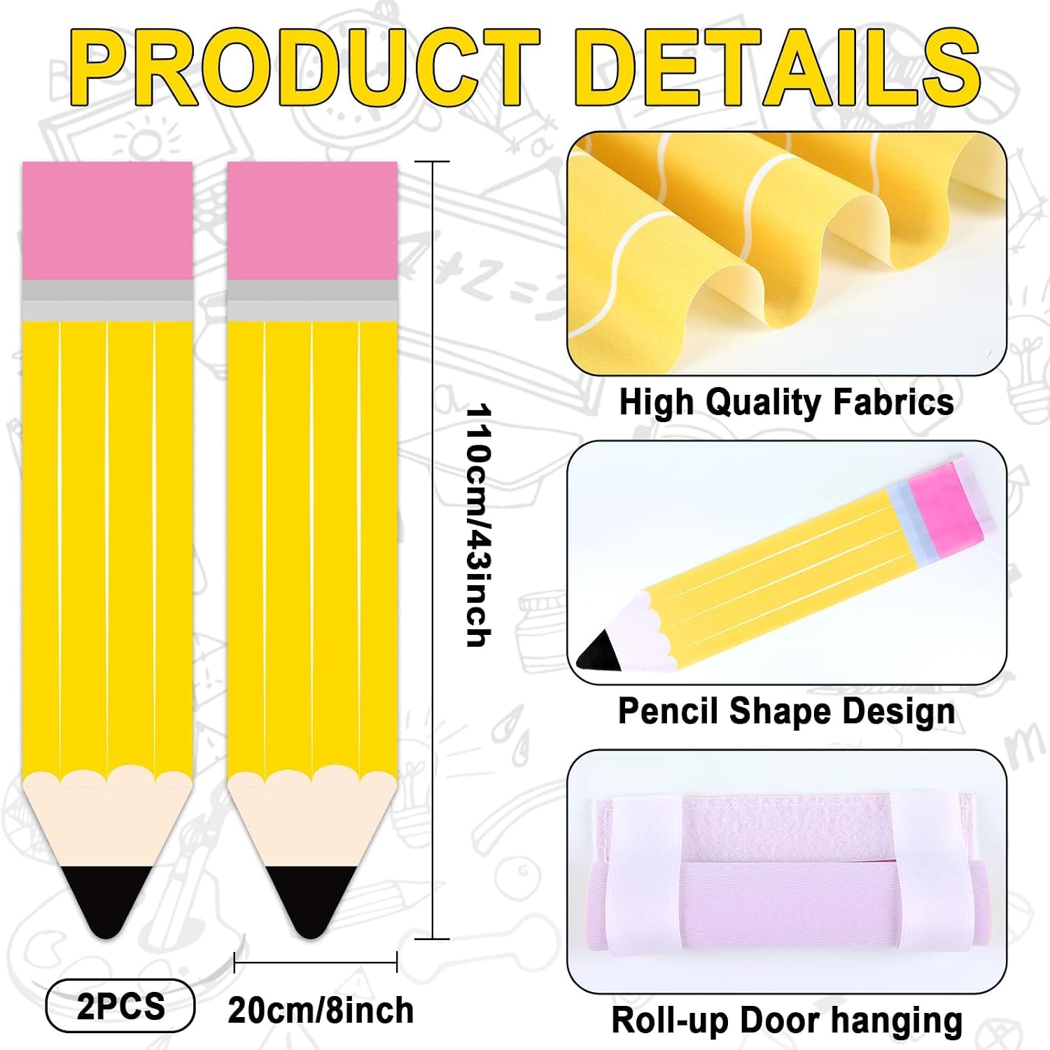 Justforjoyful 2 PCS Pencil Classroom Door Window Cover Pencil Shaped Door Curtain Blackout Lockdown Shades Glass Window Covering Darkening Blackout Roller Shades for Nursery Teacher Office Room Decor