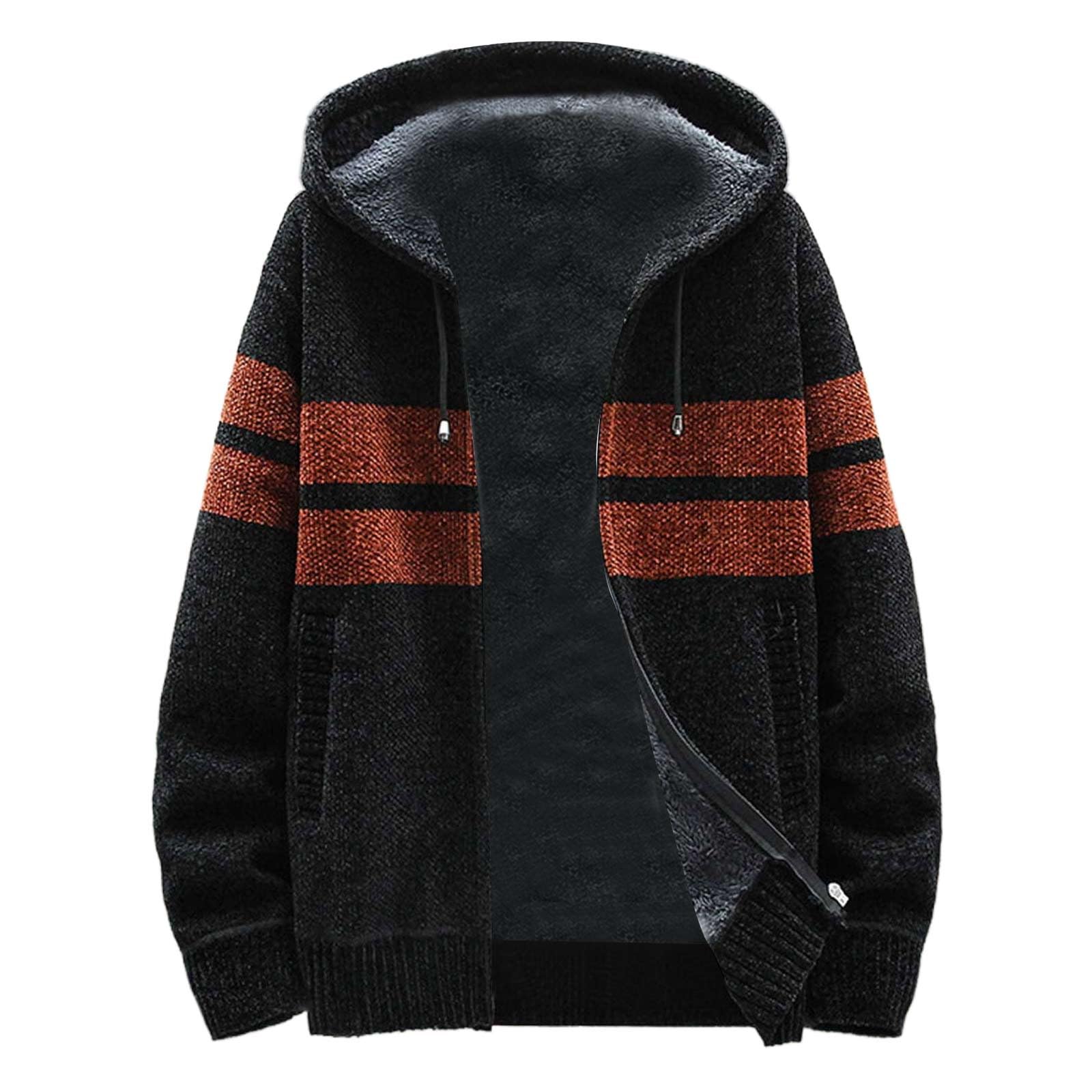 Cardigan à capuche pour homme - Manches longues - Motif torsadé - Veste en tricot doublé en polaire - Respirant - Veste de loisirs fine - Veste d'hiver chaude en maille fine - Veste polaire