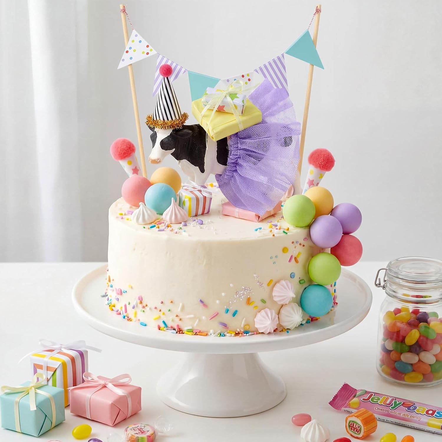 Weysat 19 Pcs Cow Cake Toppers Decorations Set Mini Birthday Hat Skirt Triangle Flag Banner Decor Balls and Ice Cream Cone Cake Topper for Cow Theme Birthday Gender Reveal Party Decorations
