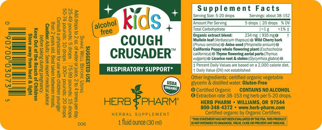 Herb Pharm Kids Certified-Organic Alcohol-Free Cough Crusader Liquid Herbal Formula, Wild Cherry, 1 Fl Oz - Image 8