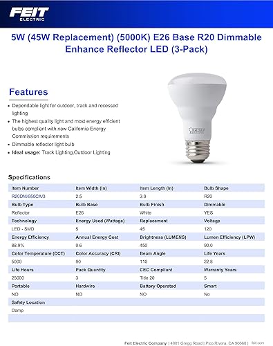 Miniatura 2 de Feit Electric Bombilla LED R20, equivalente a 45 W, regulable, luz diurna de 5000 K, 450 lúmenes, 90 CRI, base E26, bombillas de iluminación