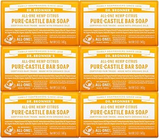 Dr. Bronner’s - Pure-Castile Bar Soap (Citrus, 140g, 6-Pack) - Made with Organic Oils, For Face, Body and Hair, Gentle and Moisturizing, Biodegradable, Vegan, Cruelty-free, Non-GMO