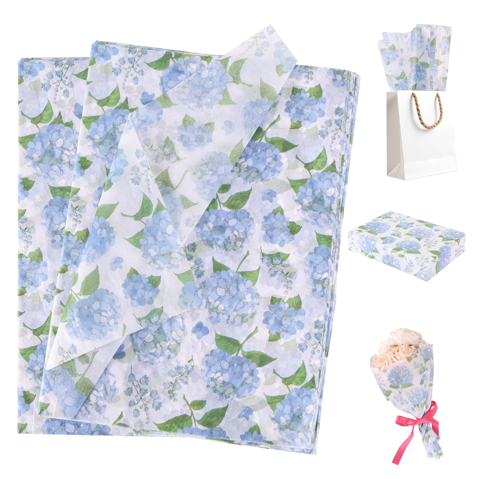 30pcs Hydrangea Tissue Papers, 50x35cm/19.69x13.78in Blue White Spring Floral Gift Wrapping Paper for Birthday Flower Wedding Christmas DIY Crafts Supplies
