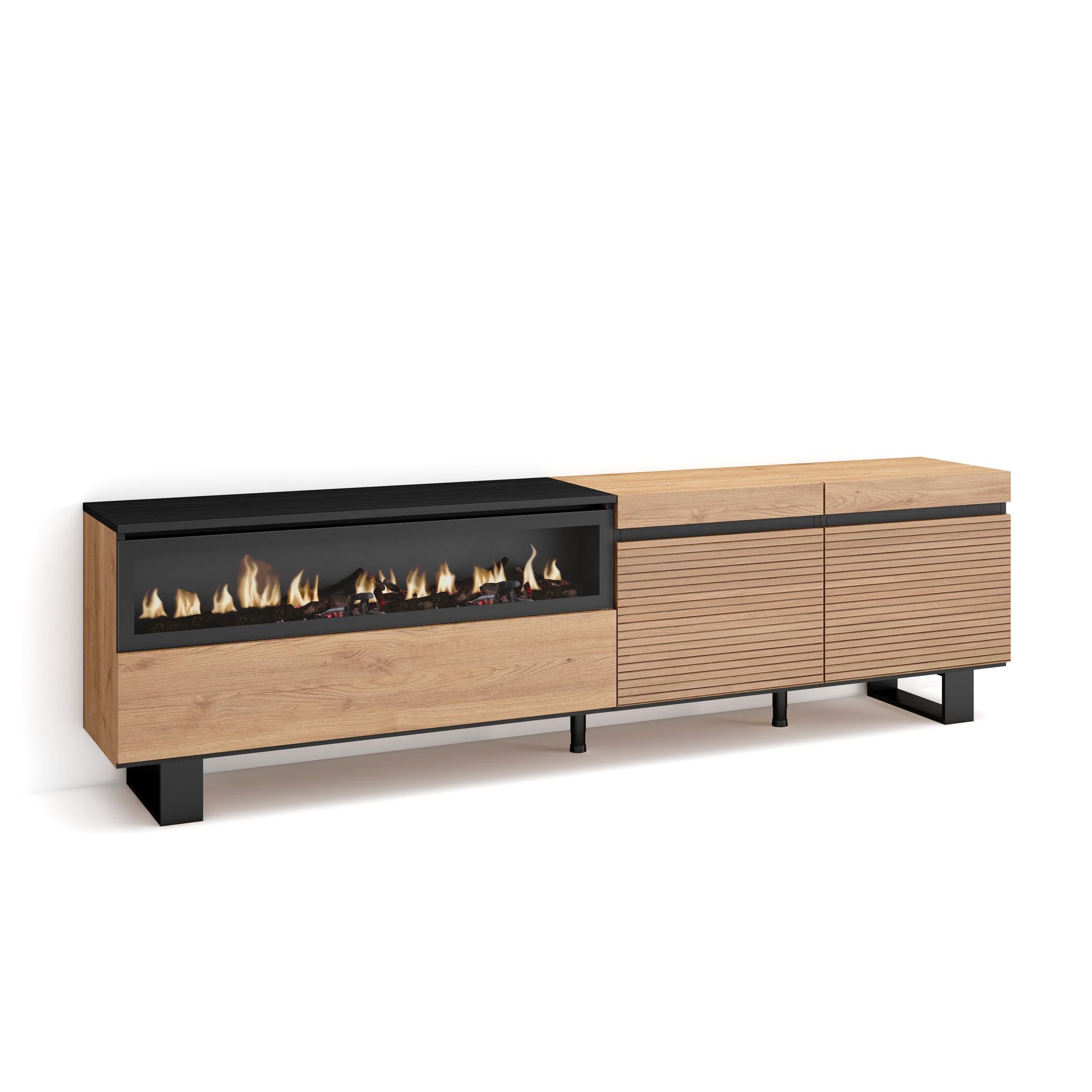 Skraut Home | Mueble TV | Televisión | Muebles de salón, almacenaje | 200x57x35cm | para TV hasta 80" | Chimenea eléctrica | Diseño Industrial | Estilo Moderno | Roble