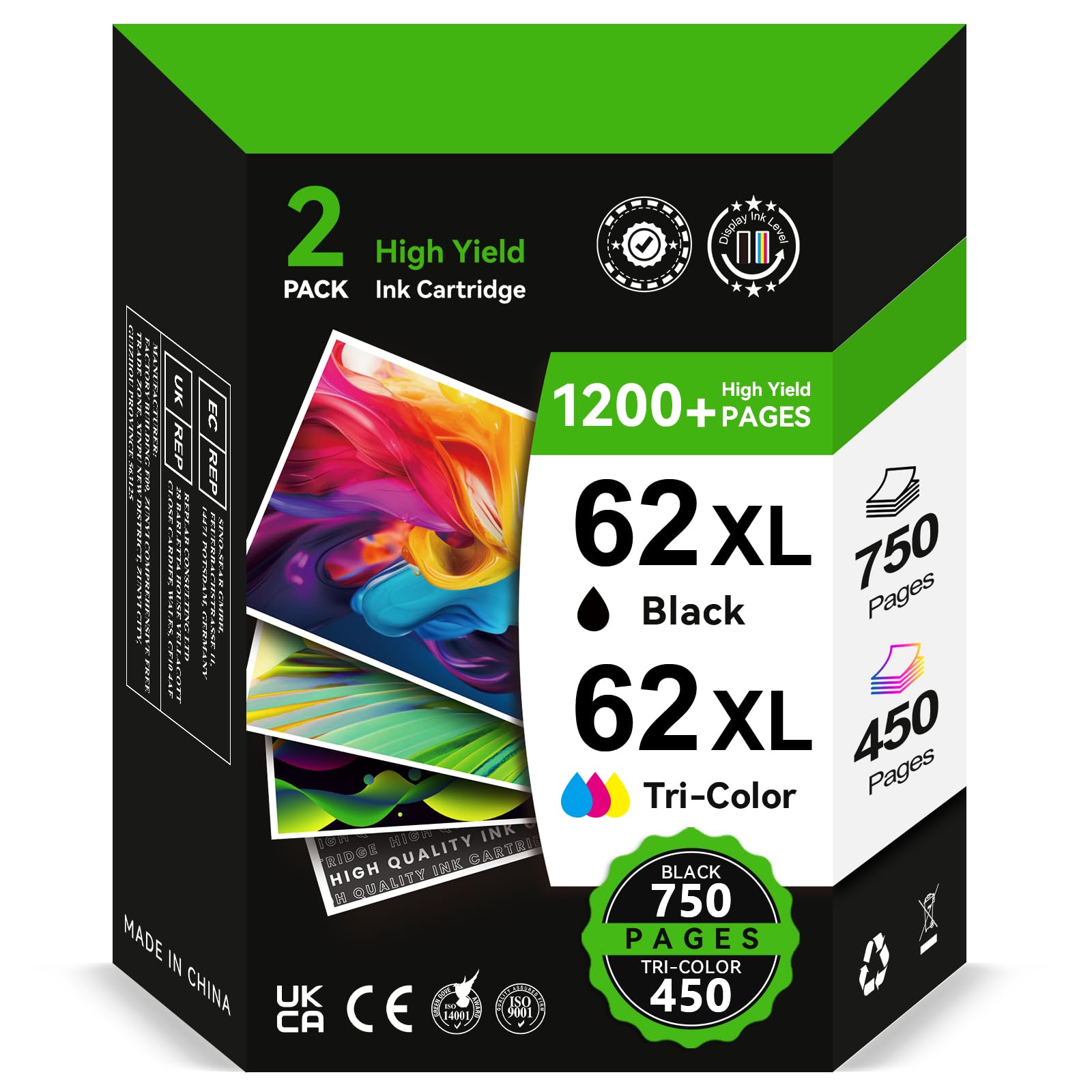 HALLOLUX 62XL Zwart Compatibele Vervanging voor 62 Printer Cartridges 62 XL, Envy 5540 Printer Cartridges 7640 5544 5545 5548 5640 5646, OfficeJet 5742 5740 5744 200 250 258 Printers (2-Pack
