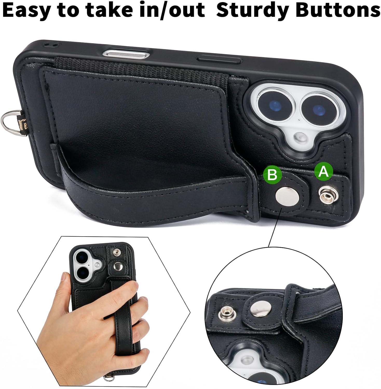 TOOVREN Phone Case for iPhone 16 Wallet Case with Card Holder Stand Strap Lanyard Case fits iPhone 16 Case with Wallet PU Leather Shockproof Detachable Phone Cover for Women & Men 6.1 Inch Black