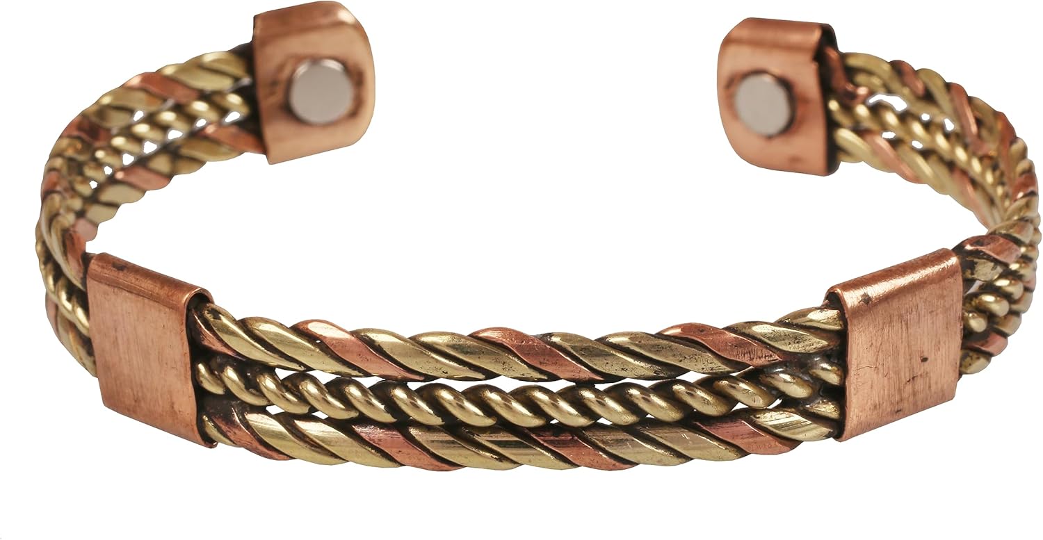 Touchstone Handcrafted Braided Copper Brass Multi Layer Magnetic Hand Forged With Solid High Gauge Tibetan Minimalistic Elegance Bracelet In Two Tones For Men And Women.
