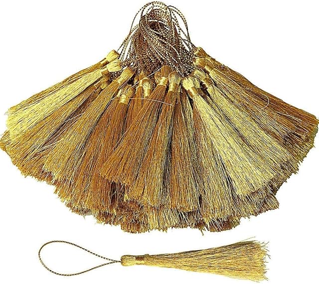 100 PCS Gold Tassels, 5 inch Gold Bookmark Tassels Silky Tassels Mini Craft Tassels Thread Tassels Charm Tassel Silky Floss Bookmark Tassels with Loops for Jewelry DIY Crafts