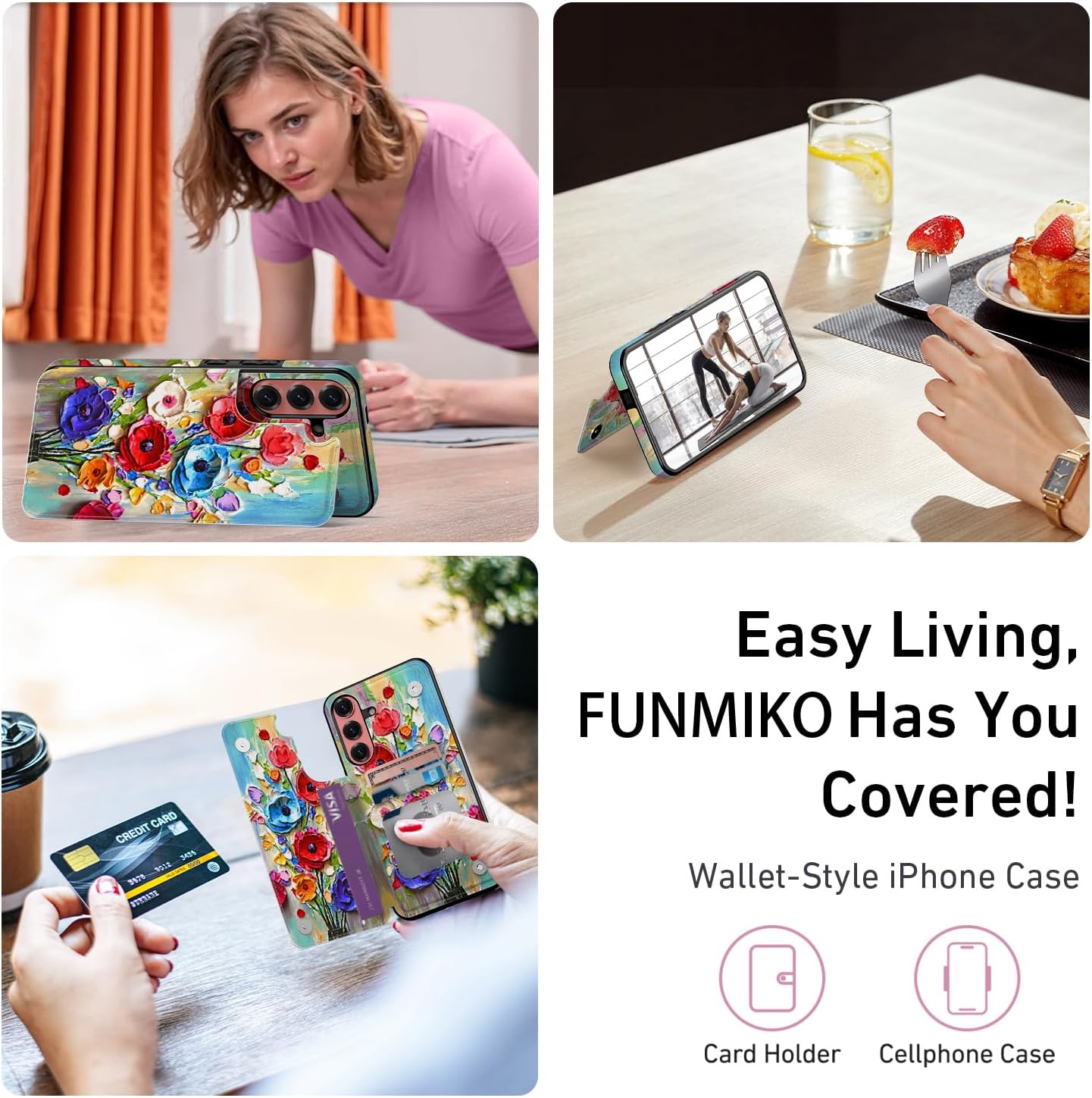 FUNMIKO for Samsung Galaxy S25 Wallet Case with Card Holder, RFID-Blocking, Military-Grade Protection & Floral Animal Design, Magnetic Closure with Leather Kickstand - Abstract Flowers - Image 6