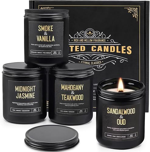 Men's Scented Candles Gift Set, 4 Jar Wood Wick Soy