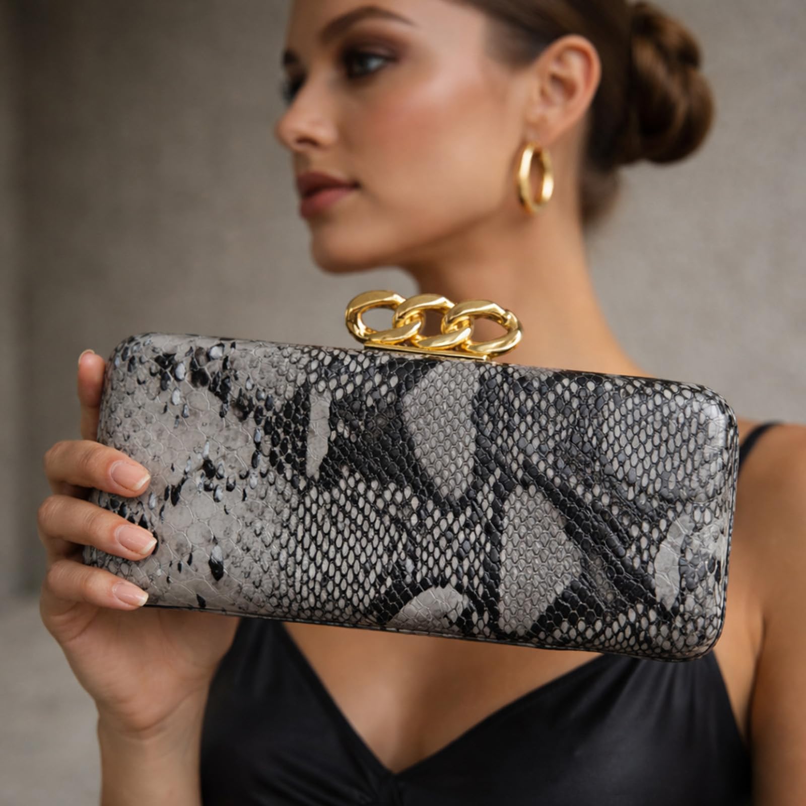 Bolso de mano de piel sintética con hebilla dorada, estampado de serpiente, cadena desmontable para mujer