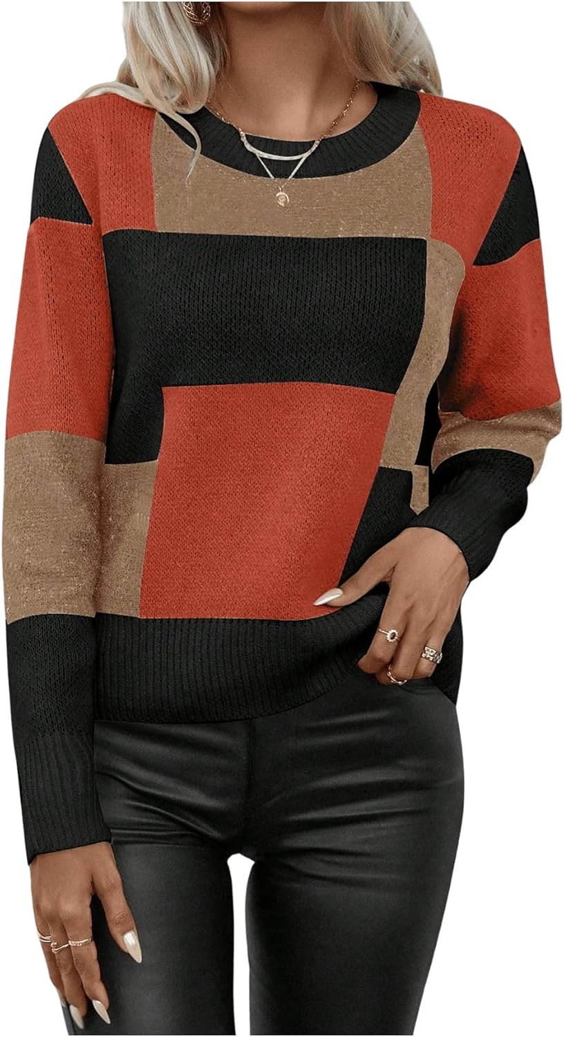 Milumia Women's Color Block Cropped Sweater Fall Winter Long Sleeve Crewneck Casual Pullover Tops