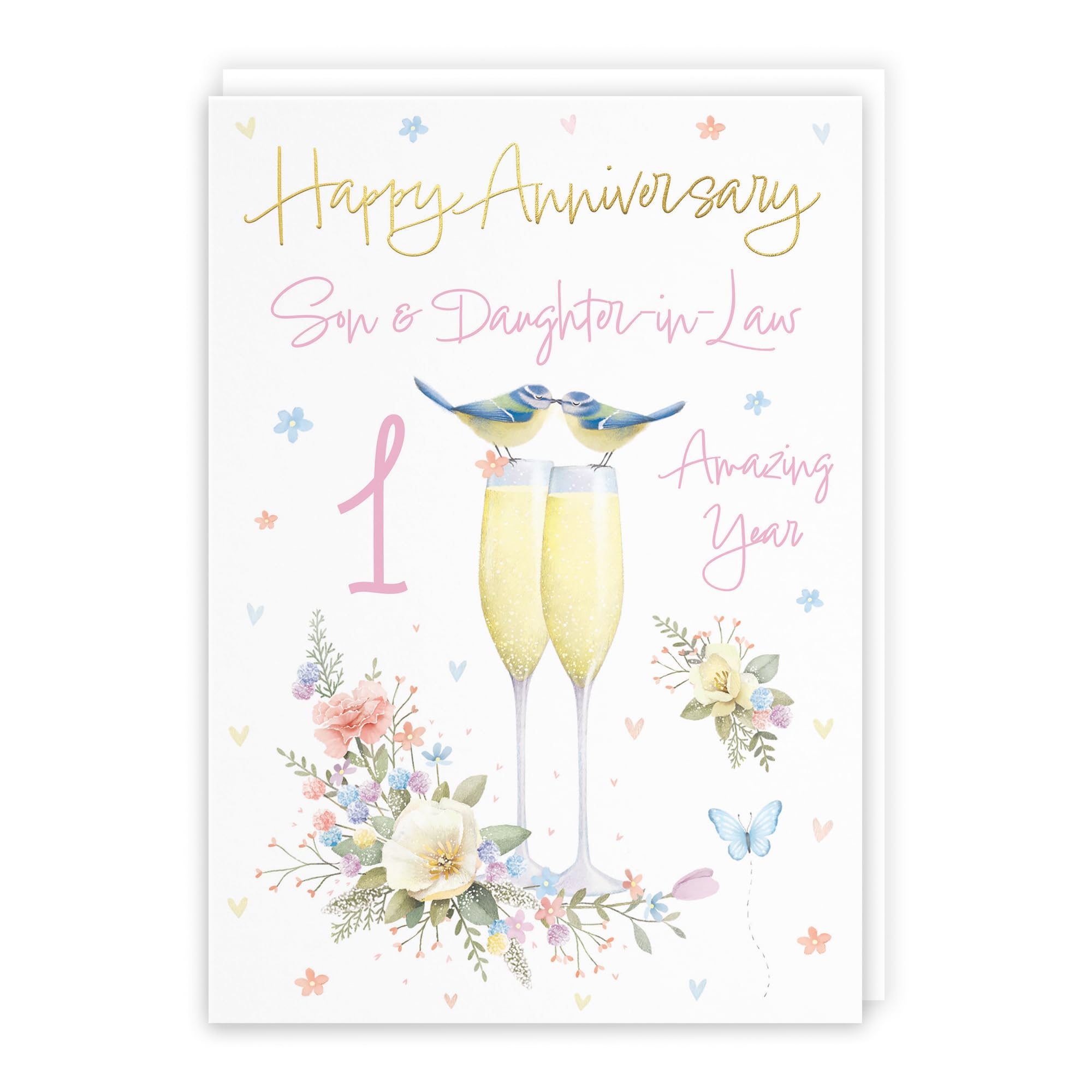 Hunts England, Son And Daughter-in-Law 1st Anniversary Card, A5 Size, Champagne Flutes, Gold Foil
