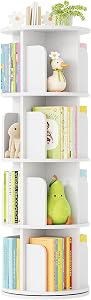 MUTUN 4-Tier Rotating Kids Bookshelf, Wooden 360° Small Corner Spinning Bookcase, Storage Shelves for Bedroom Living Room Reading Room Study Home Office, White