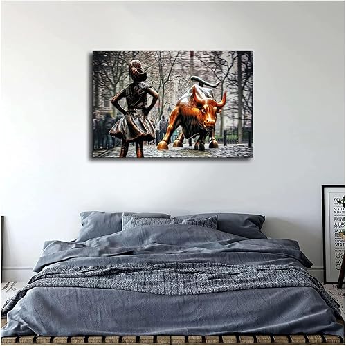 Miniatura 4 de Póster de estatuas de toros de Fearless Girl and Wall Street con impresión en lienzo, arte de pared, regalo de vacaciones, baño, sala de estar,