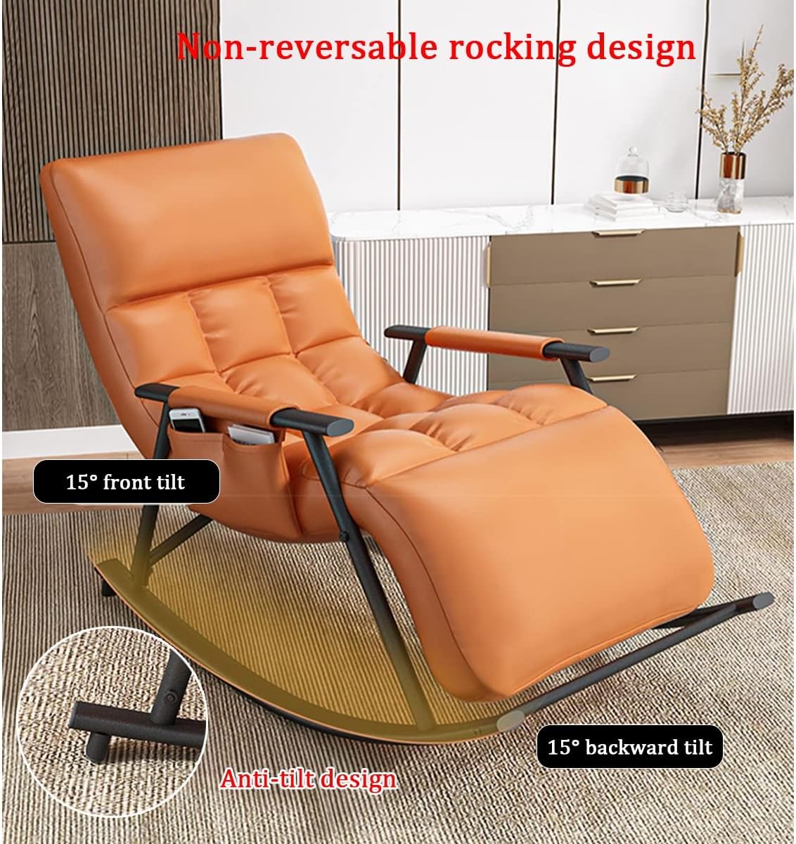 Upholstered Rocking Chair for Nursery, Rocking Chair for Balcony,Leisure Relax Chair with Steel Legs,Leather Padded Seat Comfy Sofa Chair for Living Room,Armchair with Ad，Light Gray Black Leg
