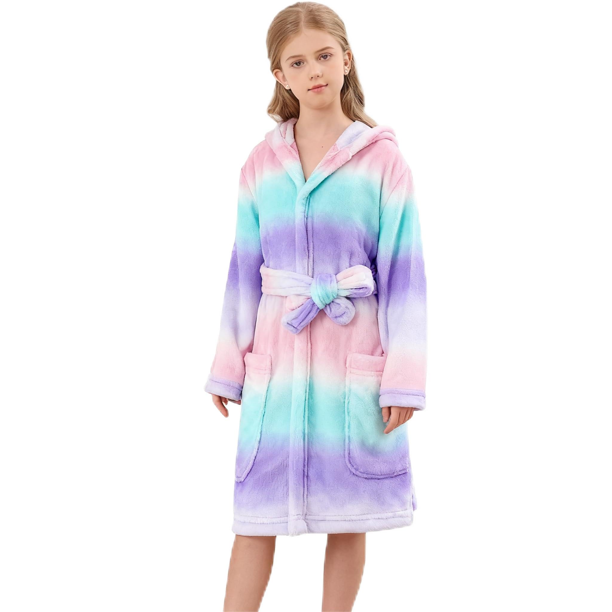 V.&GRIN Girls Fleece Robe, Plush Hooded Soft Fuzzy Warm Fluffy Bathrobe for Kids 5-14 Years