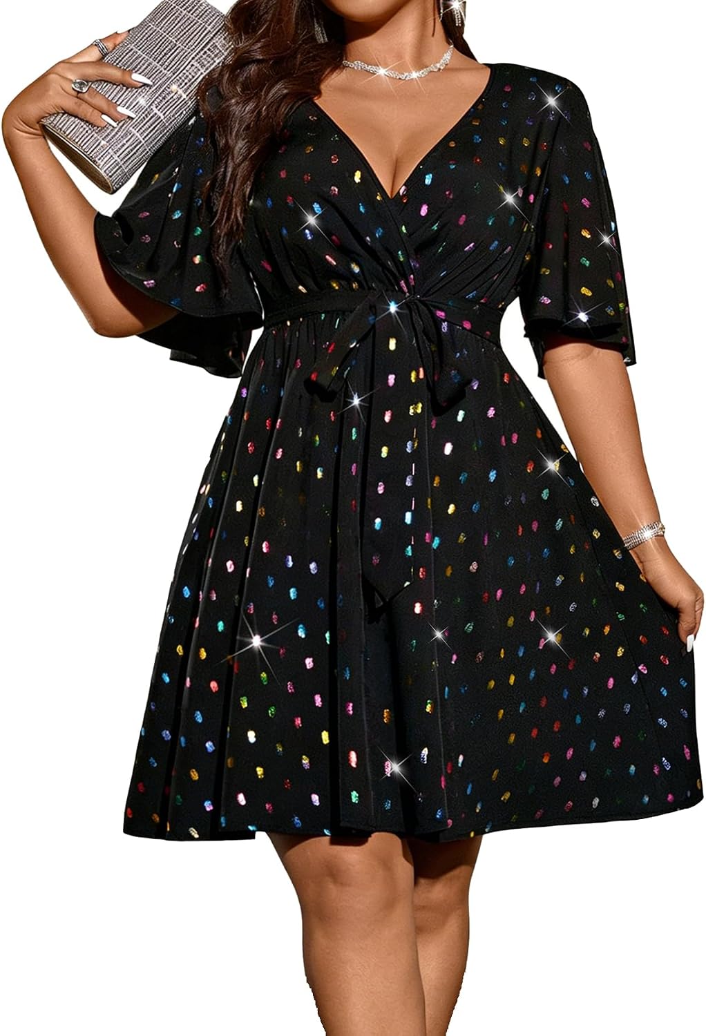 OYOANGLE Women's Plus Size Sparkly Cocktail Party Dress Wrap Short Sleeve Belted Glitter Sequin Short Dress