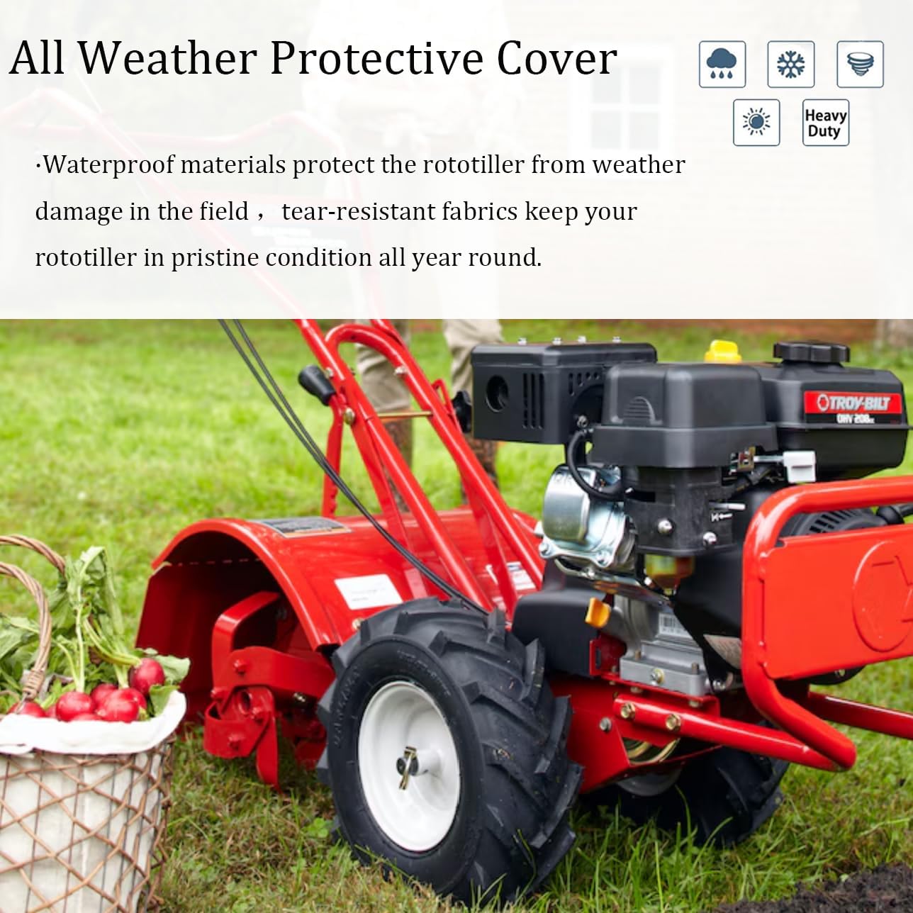 Gas Rototiller Cover Waterproof Rear Tine Tiller Cover All Seams Taped with Elastic Cord