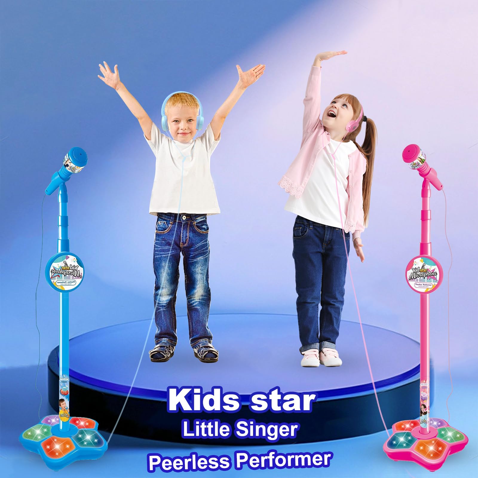 Máquina de karaoke para niños con soporte de micrófono ajustable para niños, micrófono de pie para canto portátil, auriculares retráctiles para música y cantar intermitentes, base de luz de escenario 4