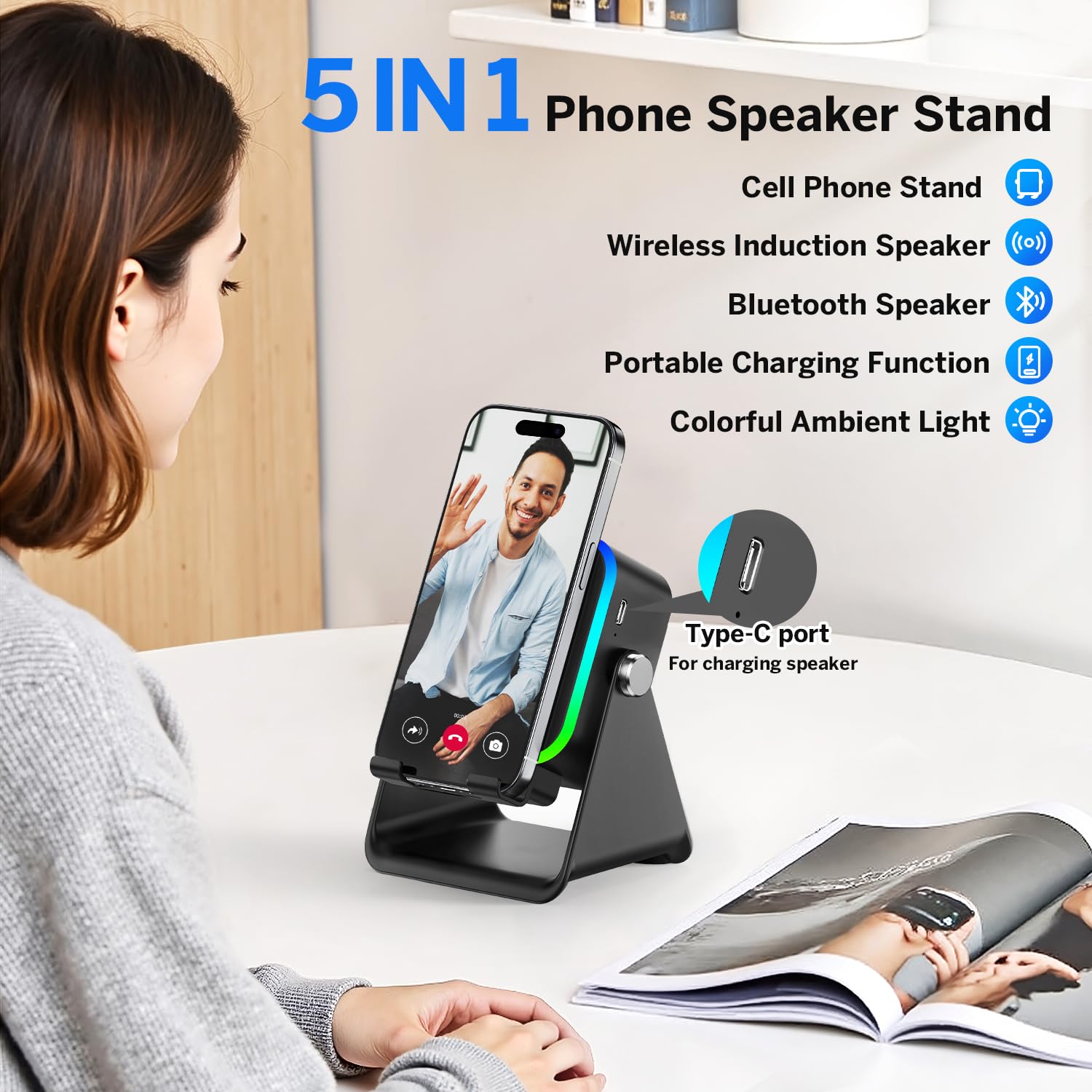 MILOUZ Wireless Induction Speaker 5-in-1 Bluetooth Speaker with Phone Stand,Stereo Sound, 3500mAh Rechargeable, 8 RGB Ambient Light, 360° Adjustable Holder for iPhone/Android/iPad,Gifts for Men Women (Black) in use