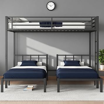 Bellemave Metal Twin Over Twin Over Queen Bunk Beds for 3 Kids,Heavy Duty Triple Bunk Bed with Built-in Desk,3 Bed Bunk Beds,Triple Bed