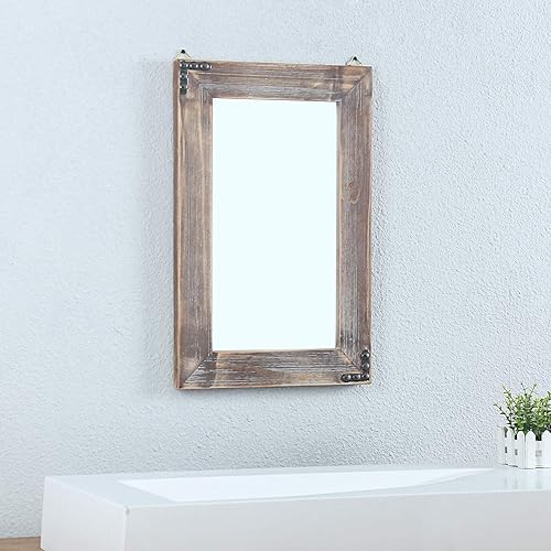 Miniatura 4 de MBQQ Espejo de pared rústico plano con marco de madera para colgar, espejos decorativos de baño para pared, espejo de tocador, espejo de maquillaje,