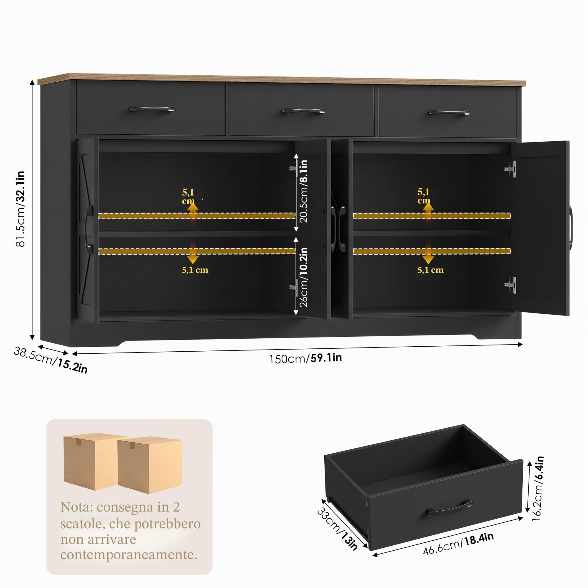 HOCSOK Credenza Cucina, 150 cm Madia Dispensa Cucina con 3 Cassetti 4 Ante, Mobile TV con Ripiani Regolabili per Soggiorno, sala da pranzo, Ingresso, Credenza Soggiorno, 150×81.5×38.5 cm, Nero