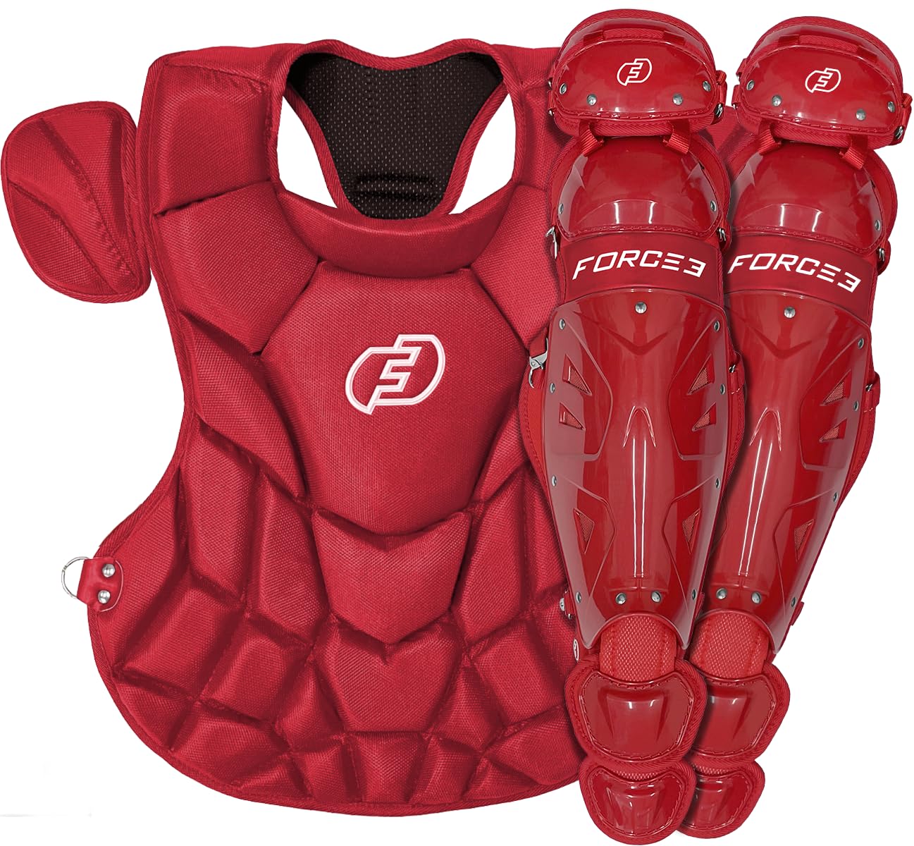 FORCE3 Defender Chest Protector and Leg Guards | Chest Meets NOCSAE (Red/Red, Intermediate)