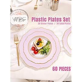 WDF 60Pcs Pink Plates Disposable with Gold Rim - Baroque Clear Pink and Gold Plastic Party Plates Ideal for Wedding, Valentine\'s Day