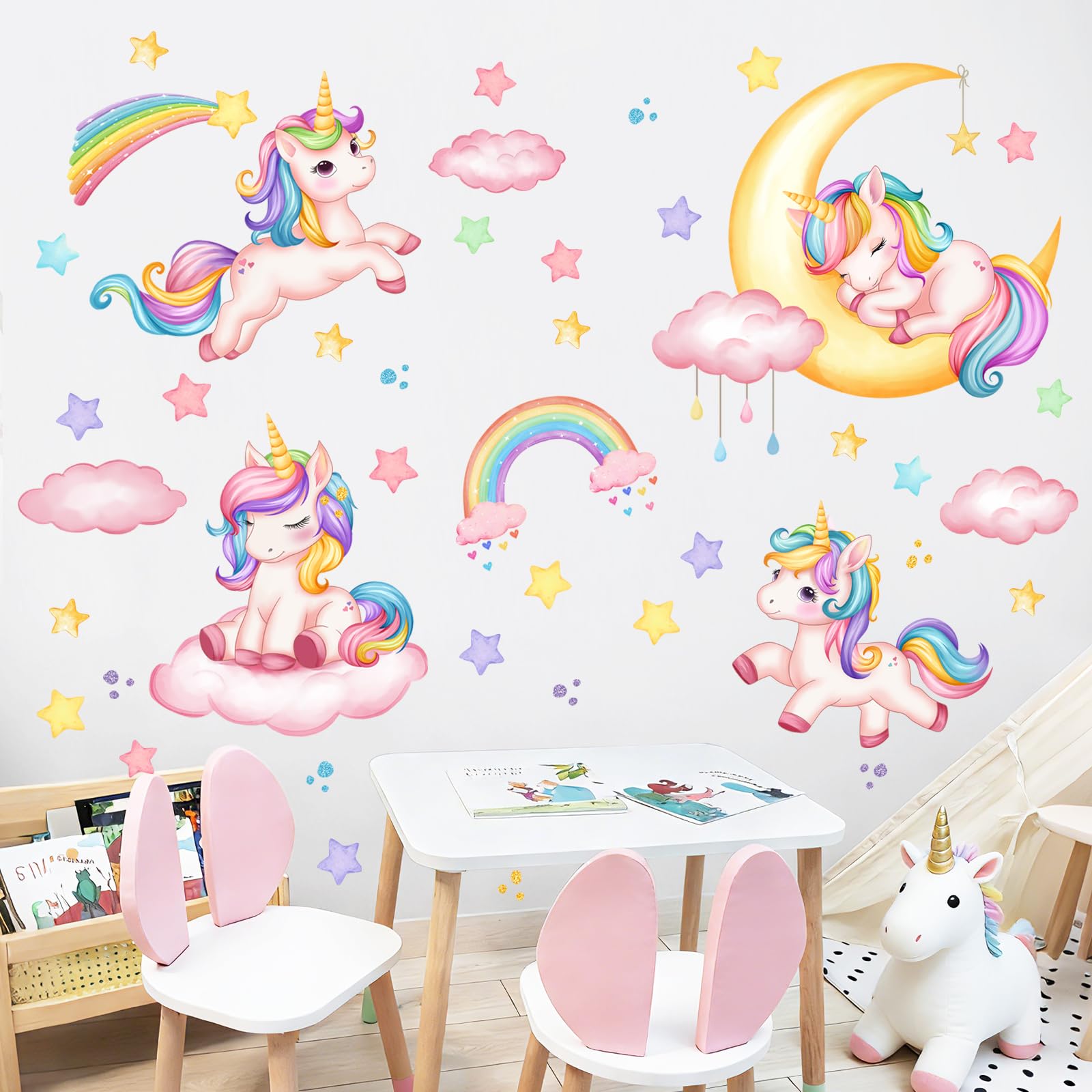 Supzone Pegatinas de Pared Unicornio Arcoíris Grande Vinilos Decorativos | Mural de Acuarela Luna Nubes Estrella Adhesivos Decorativos Pared para Habitación Dormitorio Niña Infantiles Sala de Estar