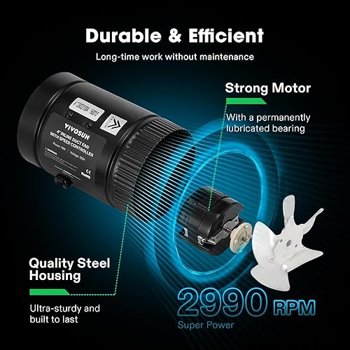 Miniatura 2 de VIVOSUN Ventilador de conducto de refuerzo en línea de 4 pulgadas 106 CFM con controlador de velocidad, ventilador de ventilación de escape HVAC con