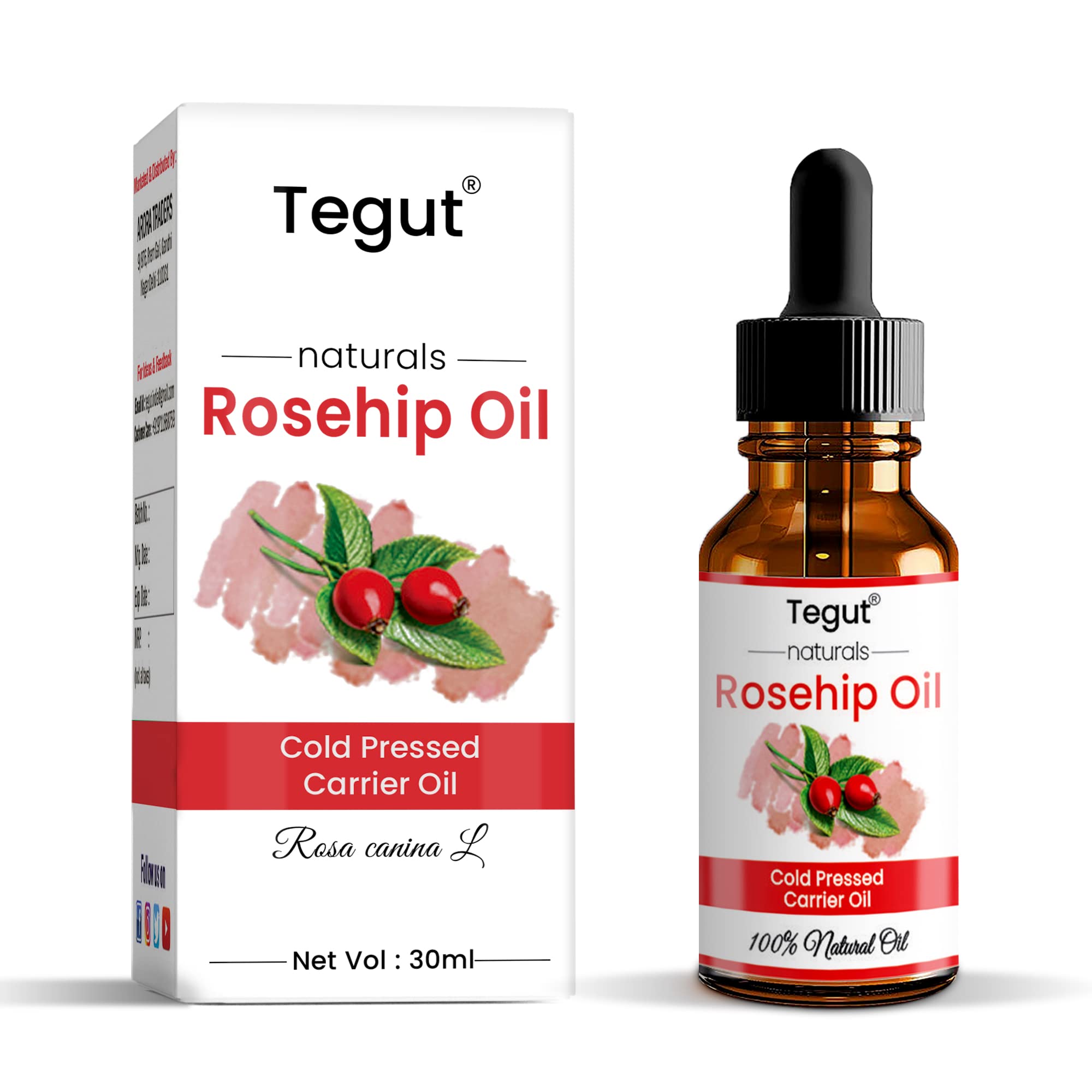 TegutRosehip Seed Oil - Cold Pressed Pure & Undiluted Carrier Oil for Skin Lightening, Stretch Marks, Acne Scars, Wrinkles, Aging (30 ML)