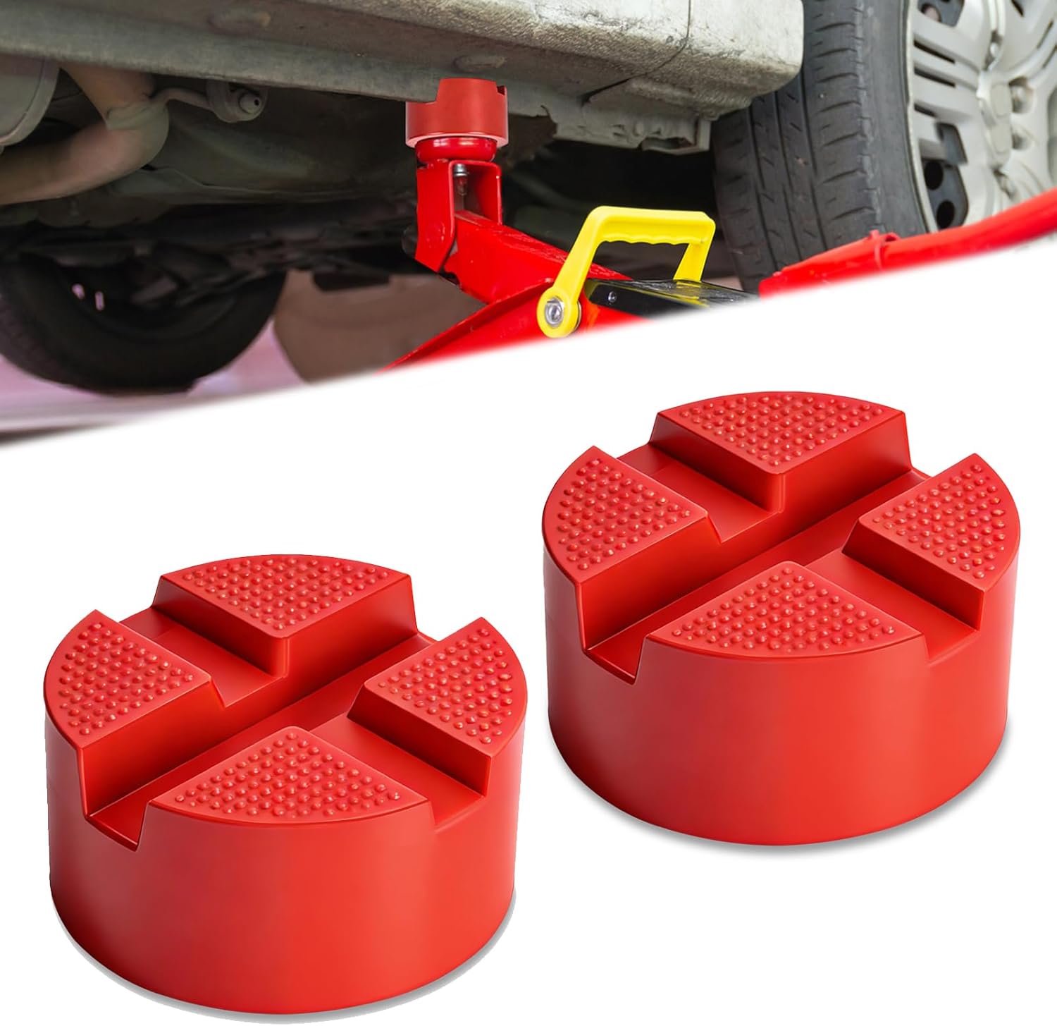 2PCS Pinch Weld Jack Pad,Two Depths X-Grooves Universal Floor Jack Pad Adapter, Thickened and Grippy Rubber Provide Cushion and Support,Frame Rail Protector,3.2X 3.2 x 1.9 in