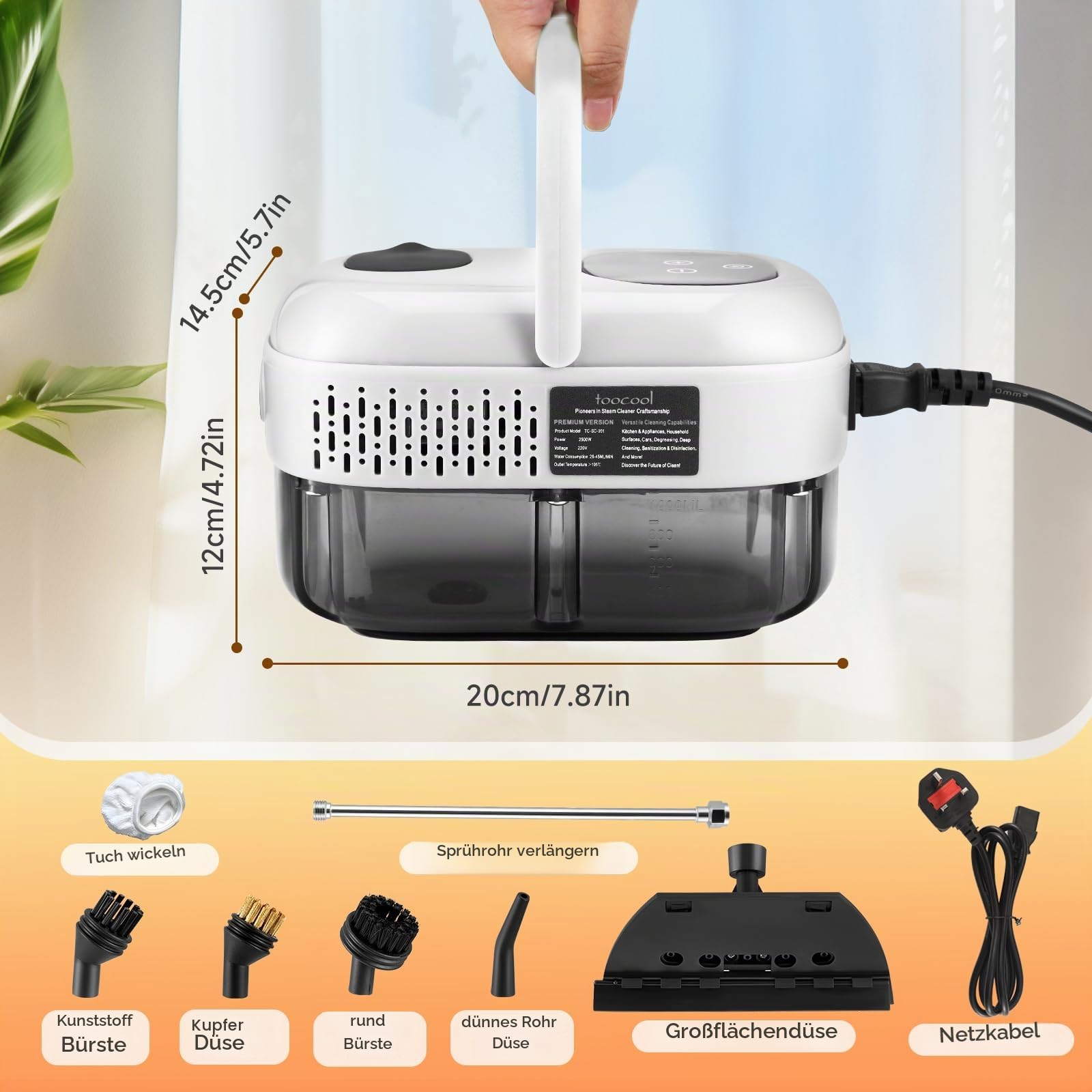 2500W Tragbarer Dampfreiniger mit 1100ML Wassertank, Dampfreiniger Handgerät 3.0 bar Druck & 9 Zubehörteilen und 3 Bürstenköpfen – Ideal für Küche, Bad, Auto & Polster