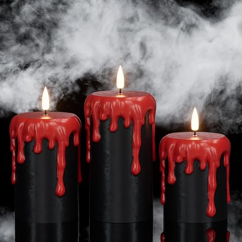 Black Halloween Flameless Candles with Timer, Spooky LED Pillar Flameless