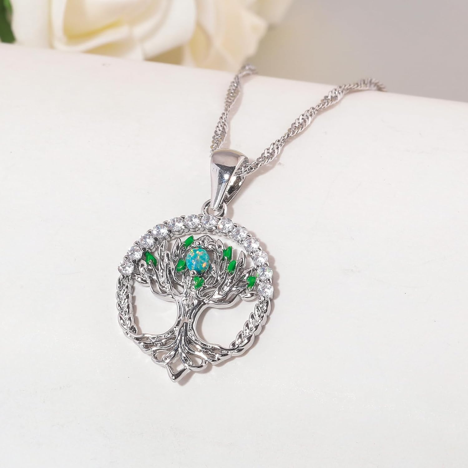 CiNily Tree of Life Necklace for Women Family Tree Pendant Necklaces 14K White Gold Plated Created Opal Tree of Life Pendant Birthstone Necklace Gemstone Birthday Jewelry - Image 5