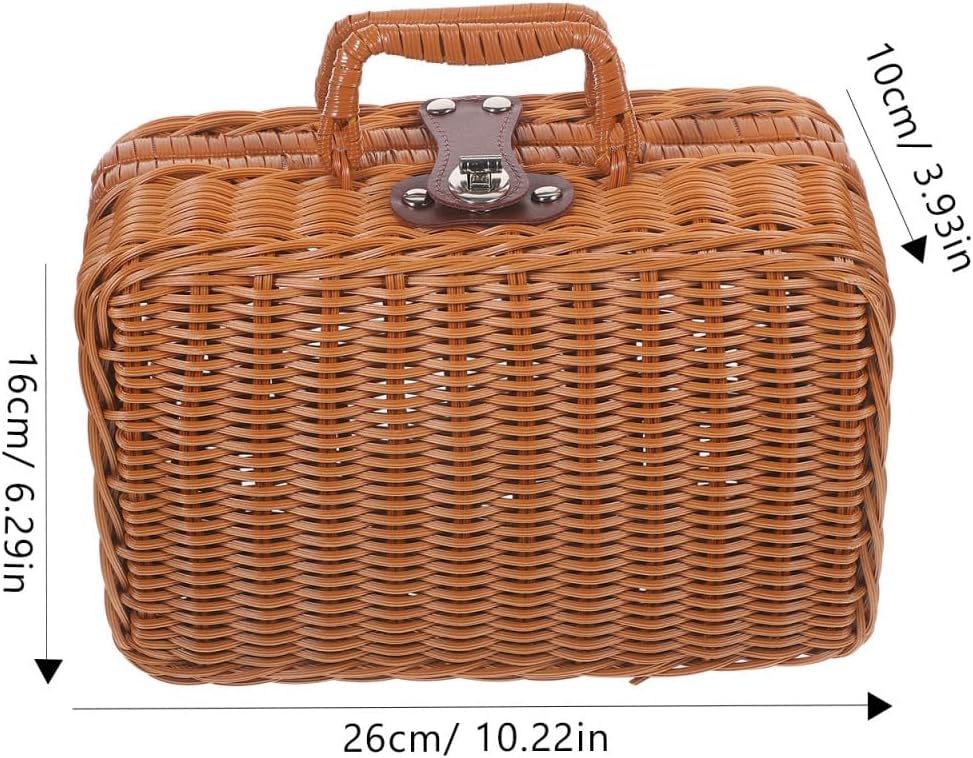 YARNOW Rattan Storage Box with Lid Small Vintage Suitcase Style Decorative Wicker Picnic Basket Handheld Organizer for Wedding Photography and Home Storage - Image 2