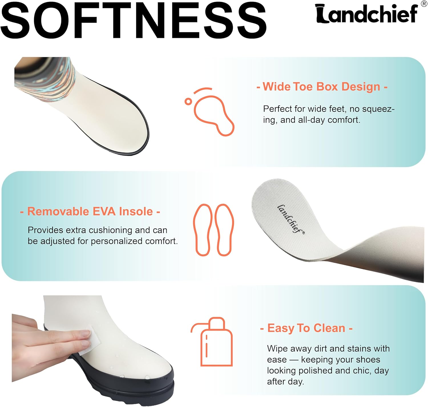 landchief Rain Boots for Women, Waterproof Ladies Tall Knee High Rubber boots,Comfort Garden Boots Anti-Slip Mid Heel Women Rain Shoes Outdoor