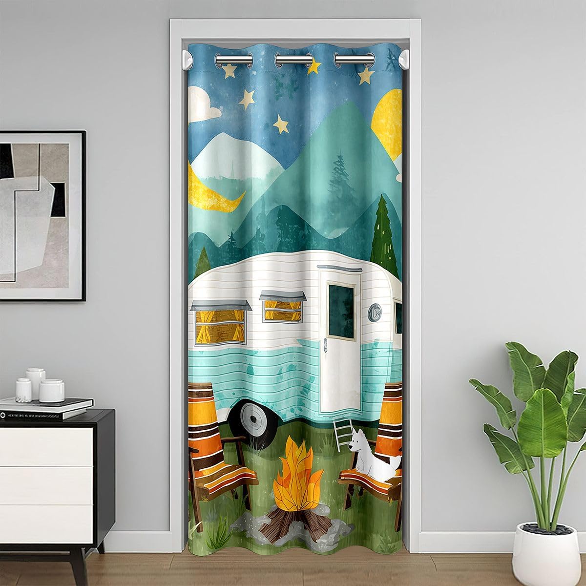 Erosebridal Retro RV Camper Door Curtain for Doorway Privacy for Kids - Happy Camping Blackout Curtain Dog Campfire Cartoon Adventure Door Drape Fantasy Moon Starry Sky Window Treatment 52" W x 80" L
