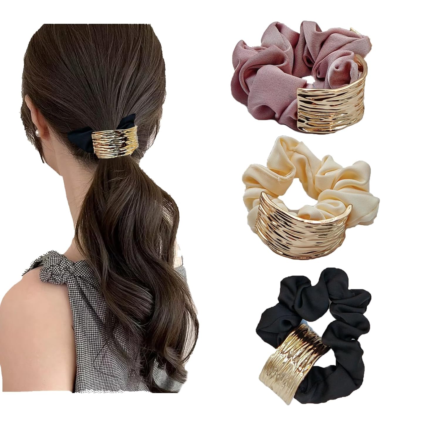 Melodio Scrunchie for Women (3 Pcs) – Stylish Hair Bands for Girls & Women, Soft Elastic Hair Tie, Elegant Hair Accessories for Daily Use (Black, Pink, White)