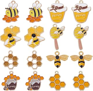 SUNNYCLUE 1 Box 32Pcs 8 Styles Enamel Bee Charms Honeycomb Charm Bulk Metal Alloy Yellow Animals Bees Themed Honey Pot Small Pendants for Jewelry Making Necklace Bracelet Earrings DIY Crafts Supplies