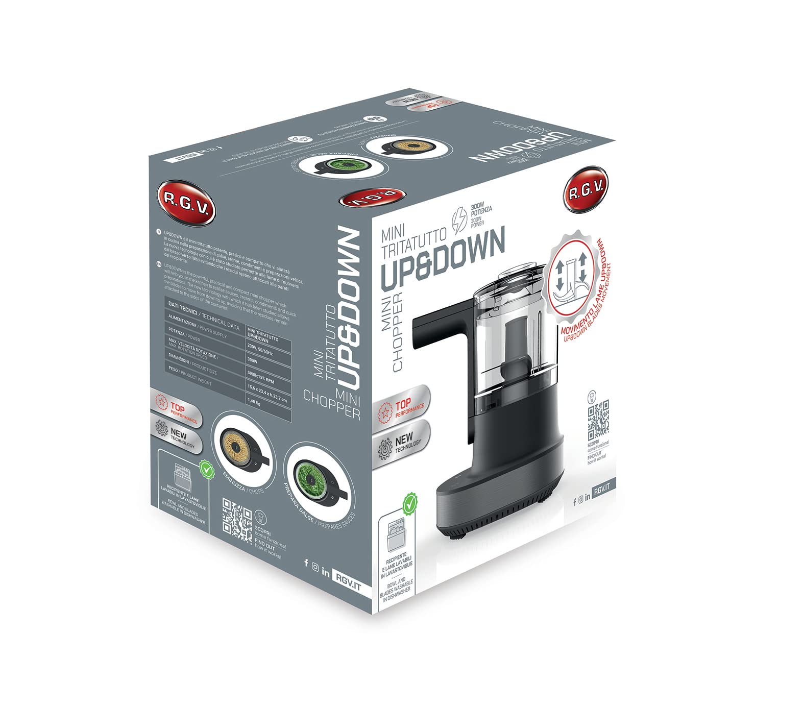 RGV UP&Down - Mini Tritatutto Elettrico Compatto 300W con Tecnologia a Lame Mobili dal Basso verso l’Alto