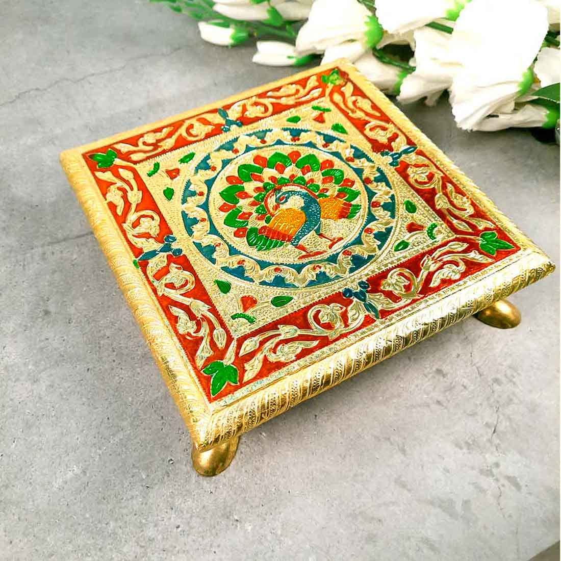 APKAMART The Online Shop Pooja Chowki Bajot | Minakari Chauki, Pooja Bajot (8 Inch; Multicolour) for Religious Decor & Gift Article, Wood 4