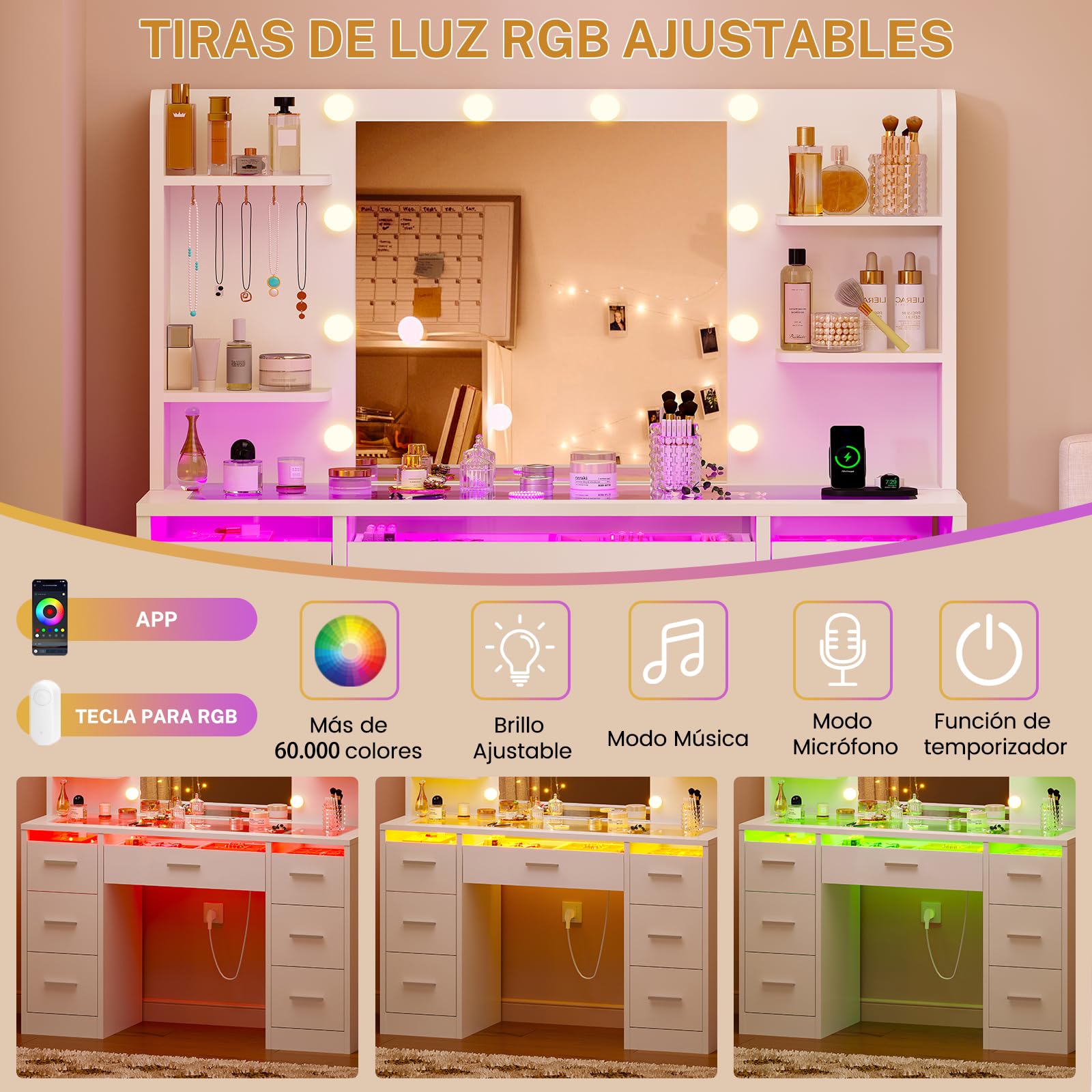 TEENFON Tocador de Maquillaje con Luces LED Regulables y enchufes, Mesa de Maquillaje con Espejo, 4 estantes Abiertos y 5 Ganchos para Joyas, Blanco, Tocador con 7 Cajones+RGB Tapa de Cristal