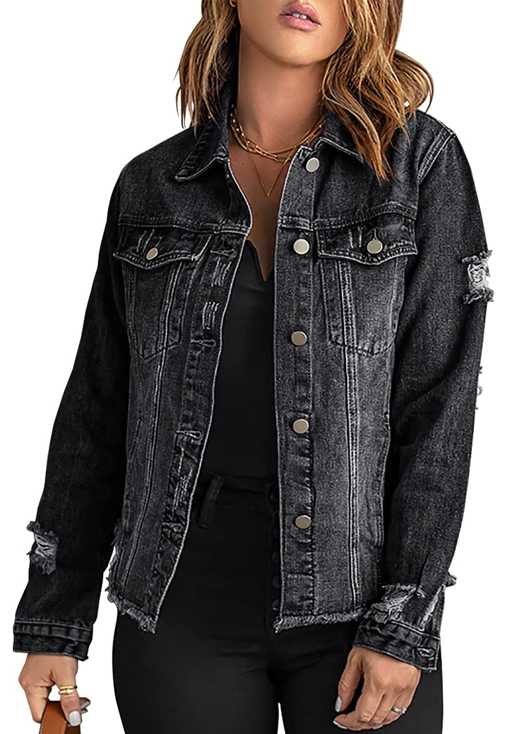 Necooer Denim Jeansjacke Distressed Authentics Damen Jeansjacke