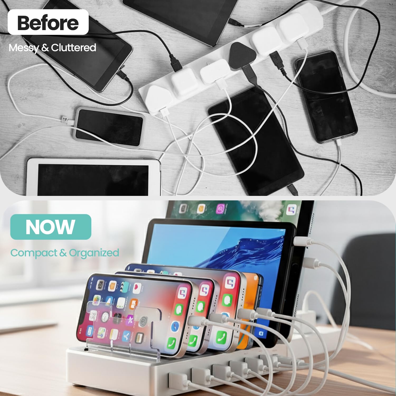 Stacja ładująca do wielu urządzeń, szybkie ładowanie 300 W, 6-portowa stacja ładująca, kompatybilna z iPhone'em, iPadem, tabletami z systemem Android, organizer podróżny do domowego biura